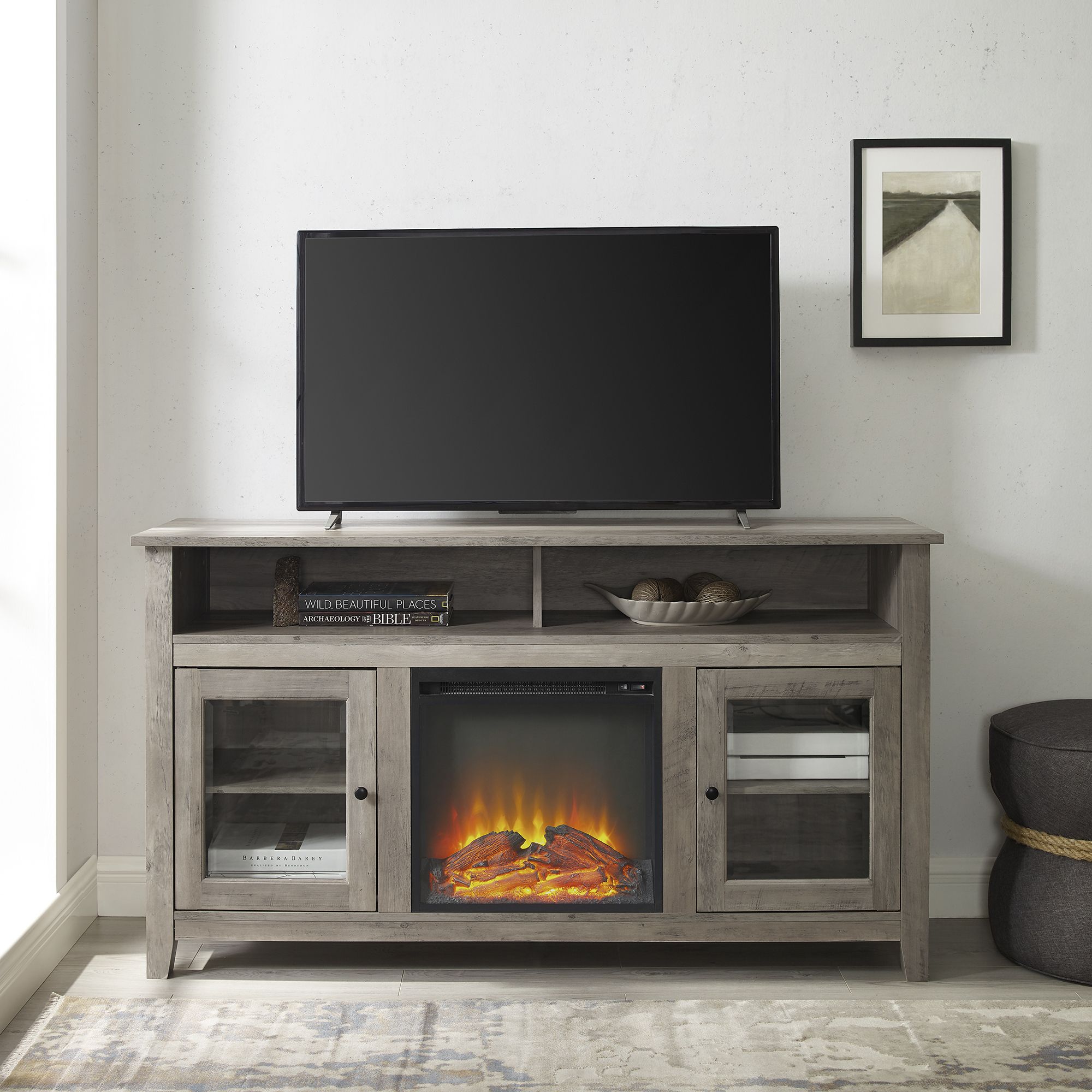 Walker Edison Grey Wash Tall Fireplace Tv Stand For Tvs Up Inside Delphi Grey Tv Stands (View 3 of 15)