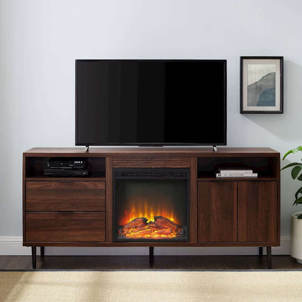 Walker Edison Mid Century Modern Fireplace Tv Stand For Intended For Walnut Tv Stands For Flat Screens (Photo 11 of 15)