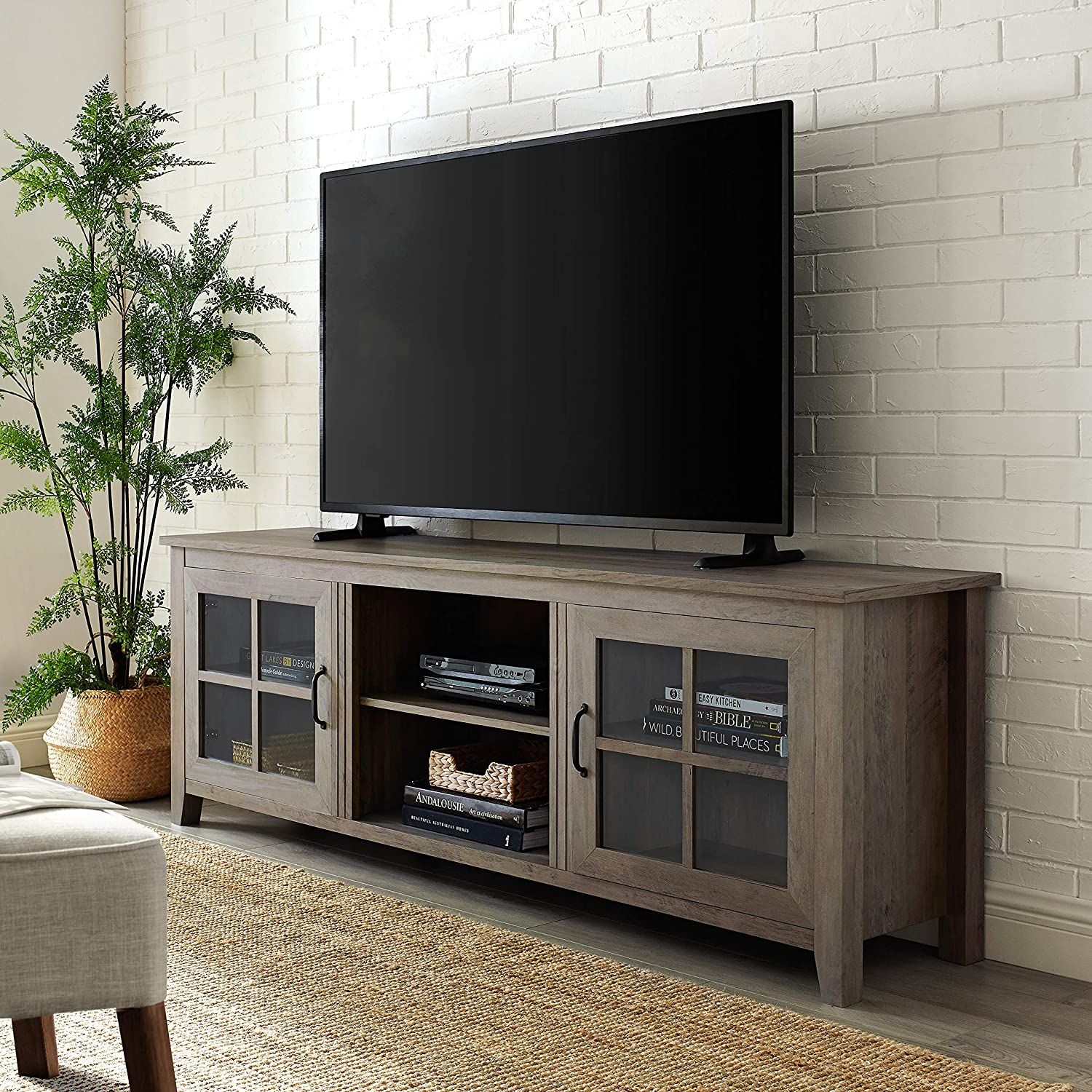 Walker Edison Modern Farmhouse Glass And Wood Stand With Throughout Glass Tv Stands For Tvs Up To 70&quot; (View 9 of 15)