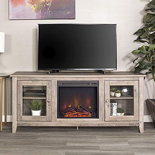 Walker Edison Rustic Wood And Glass Fireplace Stand For Tv For Walker Edison Farmhouse Tv Stands With Storage Cabinet Doors And Shelves (View 10 of 15)