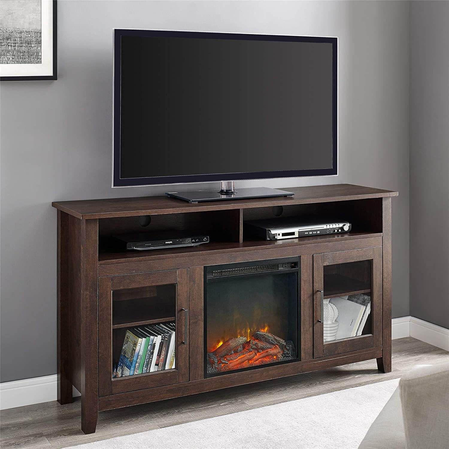 Walker Edison Rustic Wood And Glass Tall Fireplace Stand Pertaining To Walker Edison Farmhouse Tv Stands With Storage Cabinet Doors And Shelves (View 8 of 15)