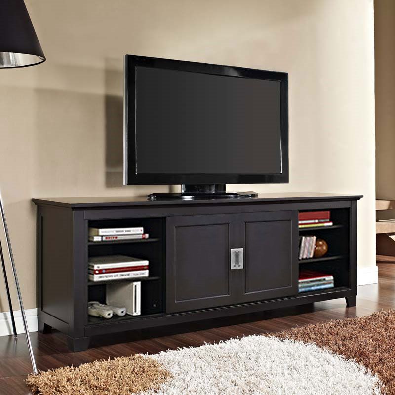 Walker Edison Solid Wood 70 Inch Tv Stand With Sliding Throughout Modern Tv Stands In Oak Wood And Black Accents With Storage Doors (Photo 11 of 15)