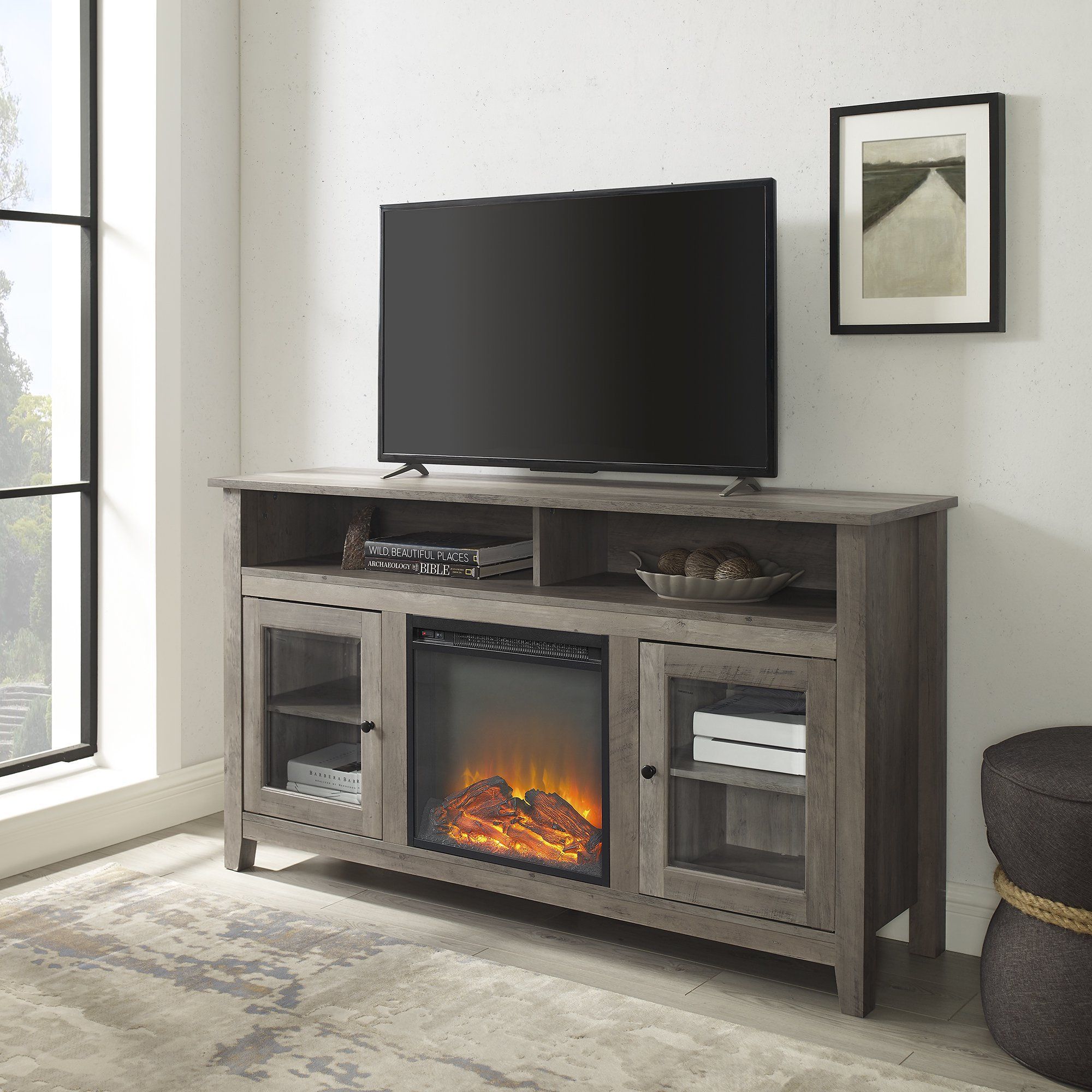 Walker Edison Tall Fireplace Tv Stand For Tvs Up To 64 In Big Lots Tv Stands (View 1 of 15)