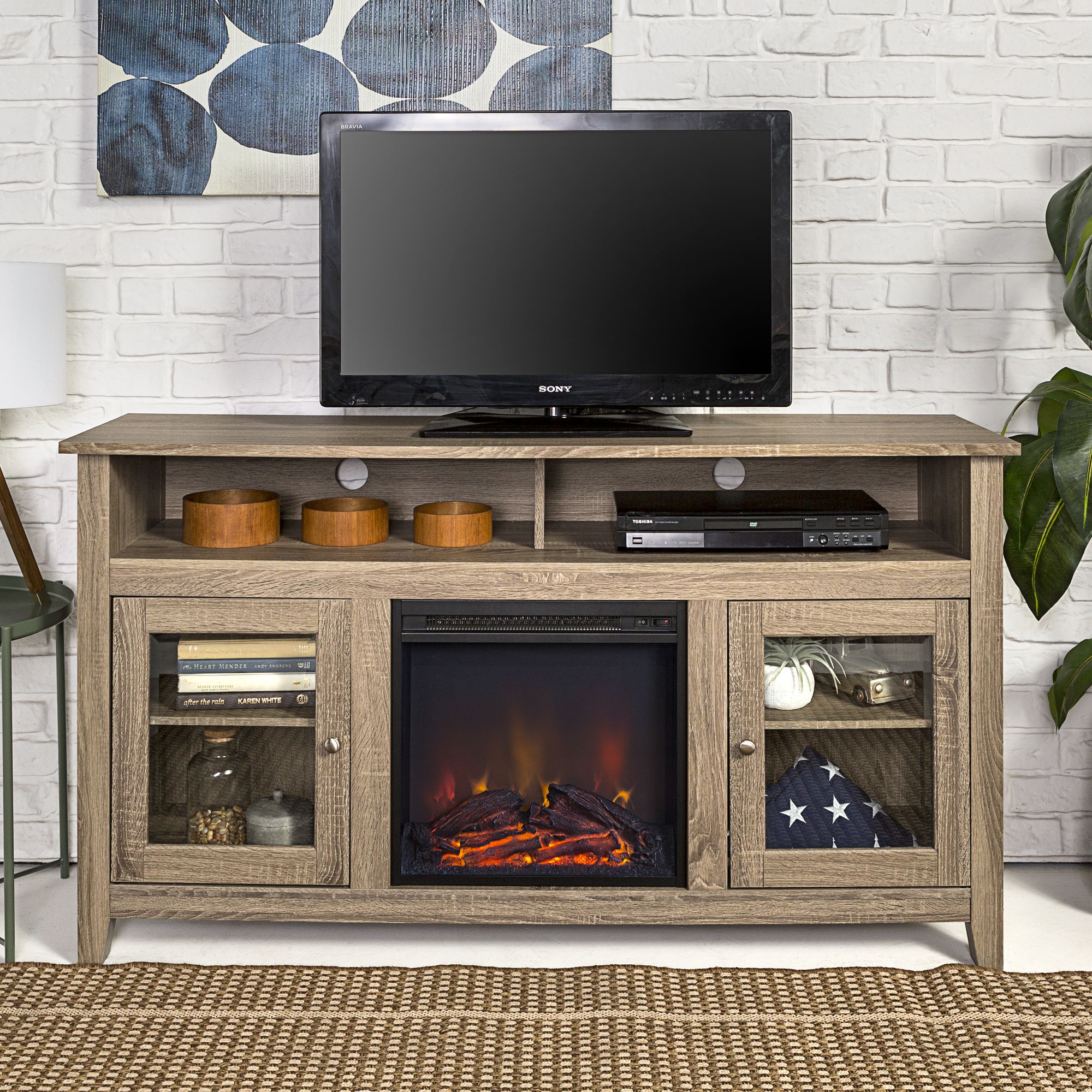 Walker Edison Tall Fireplace Tv Stand For Tvs Up To 64 Regarding Walker Edison Contemporary Tall Tv Stands (View 15 of 15)