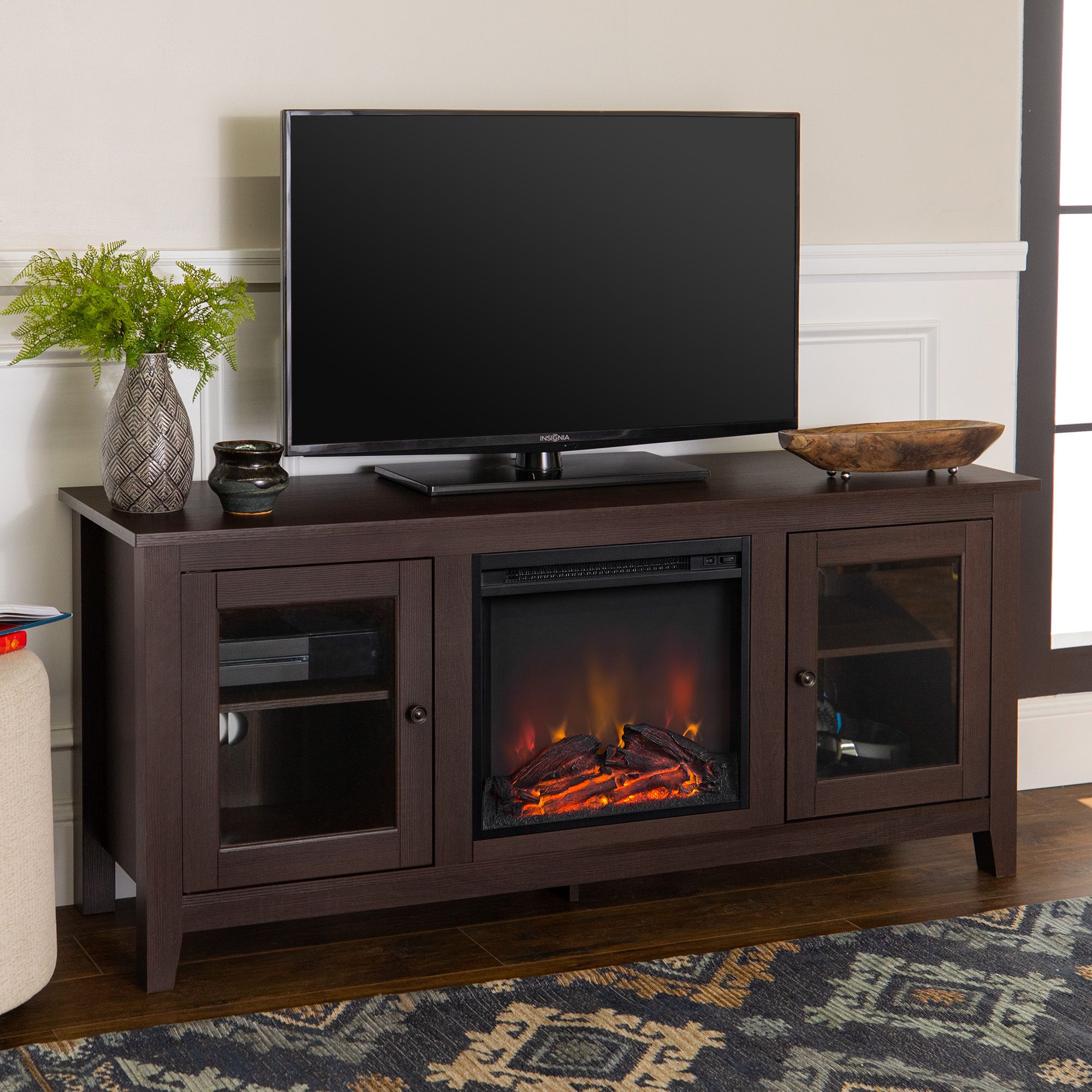 Walker Edison Traditional Fireplace Tv Stand With Glass With Glass Tv Stands (View 3 of 15)
