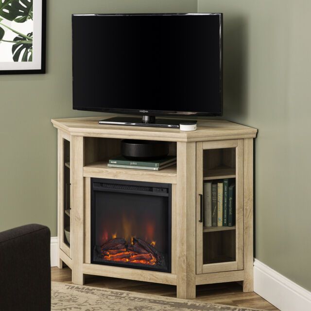 Walker Edison White Oak Corner Fireplace Tv Stand For Tvs Regarding Wood Corner Storage Console Tv Stands For Tvs Up To 55" White (View 5 of 15)