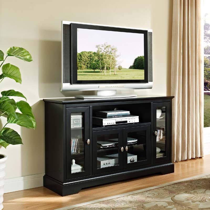 Walker Edison Wood Highboy Style 55 Inch Tv Cabinet (black Regarding Black Corner Tv Cabinets With Glass Doors (View 9 of 15)