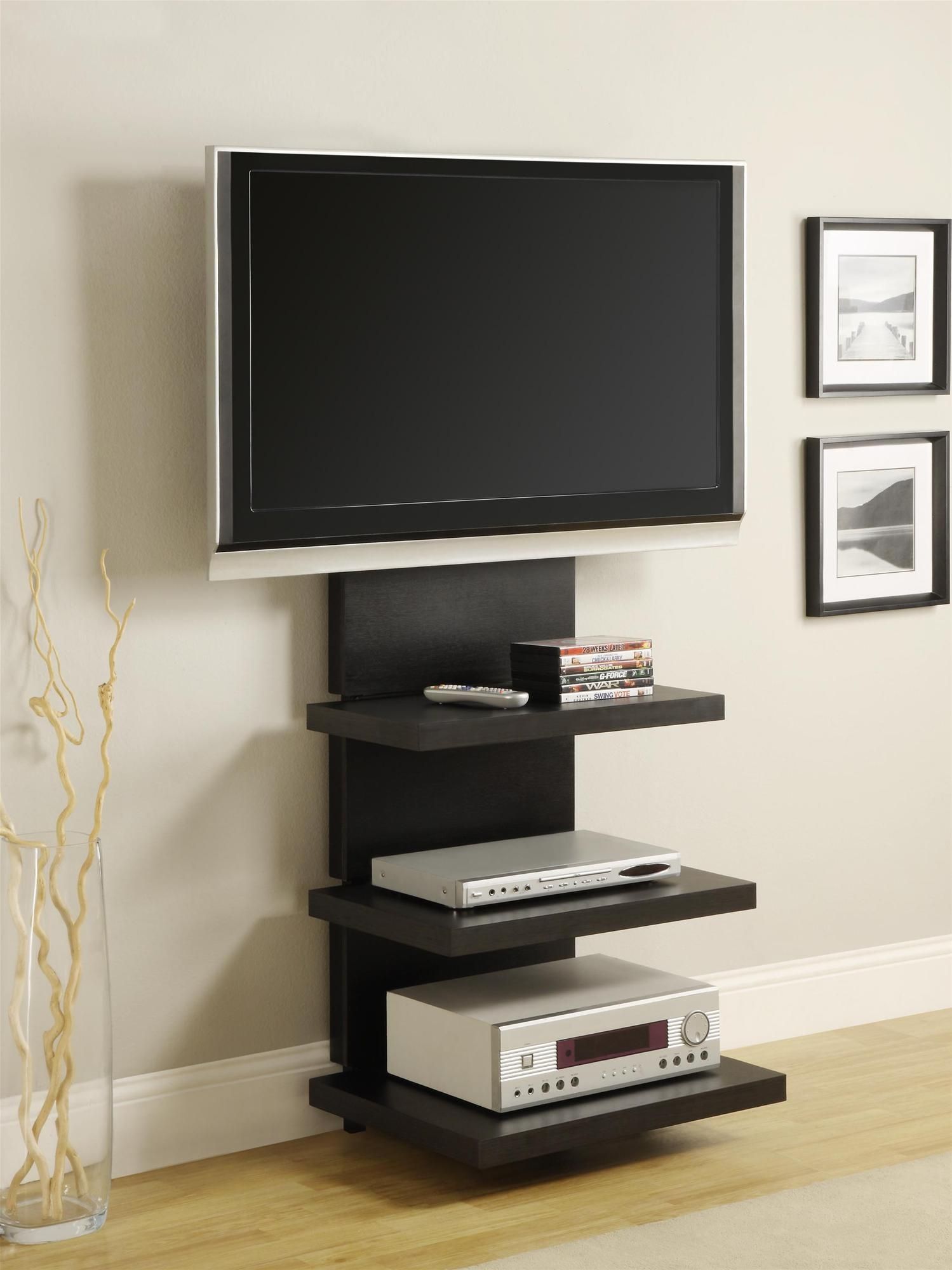 Wall Mount Tv Stand With 3 Shelves, Black, For Tvs Up To Inside Dillon Black Tv Unit Stands (Photo 2 of 15)