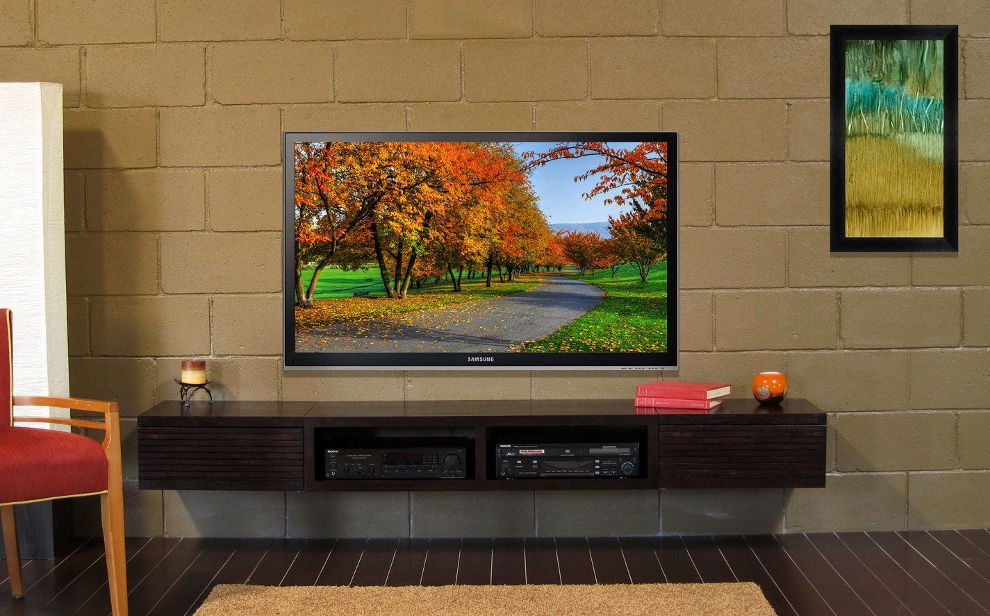 Wall Mounted Tv Stand Entertainment Console Mayan Pertaining To Console Under Wall Mounted Tv (View 12 of 15)