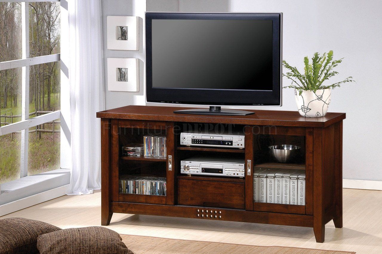 Walnut Finish Modern Tv Stand W/two Glass Doors With Regard To Walnut Tv Stand (View 15 of 15)
