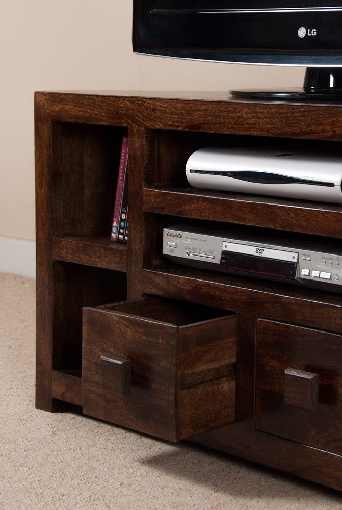Walnut Stained Indian Mango Wood Tv Stand | 42" Corner Pertaining To Corner Unit Tv Stands (View 13 of 15)