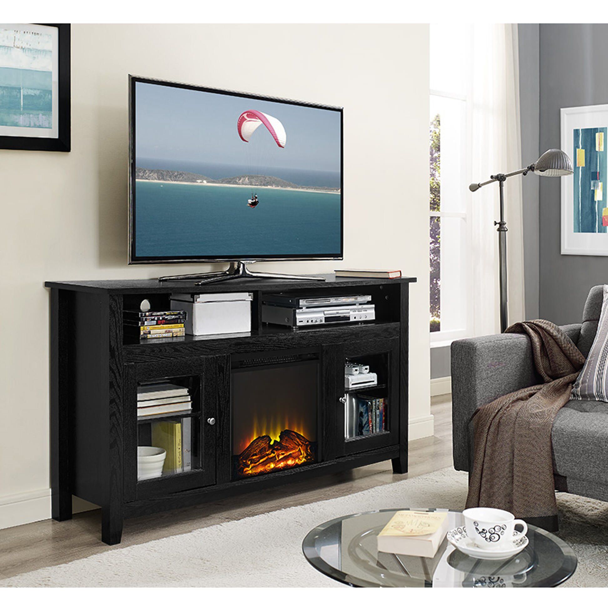Wasatch 58 Inch Highboy Fireplace Tv Stand – Black In Modern Black Floor Glass Tv Stands For Tvs Up To 70 Inch (View 9 of 15)