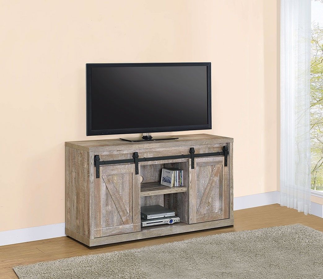 Weathered Oak 48 Inch Tv Console W/ Sliding Barn Doors Regarding Modern Tv Stands In Oak Wood And Black Accents With Storage Doors (Photo 5 of 15)