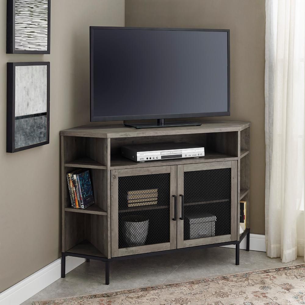 Welwick Designs 48 In. Grey Wash Composite Corner Tv Stand In Lionel Corner Tv Stands For Tvs Up To 48&quot; (Photo 10 of 15)