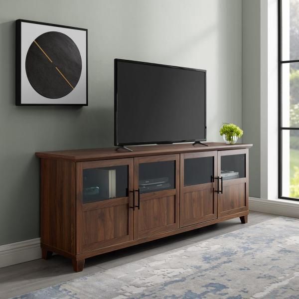 Welwick Designs Dark Walnut Tv Stand With Glass And Wood Regarding Walnut Tv Cabinets With Doors (Photo 14 of 15)