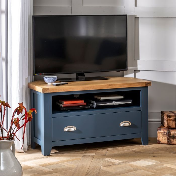 Westbury Blue Painted Corner Tv Unit – To Fit Tvs Up To 48 Throughout Exhibit Corner Tv Stands (Photo 13 of 15)