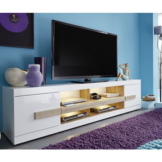 Wexford Tv Stand In White High Gloss Fronts And Oak With In White Gloss Tv Cabinets (View 7 of 15)