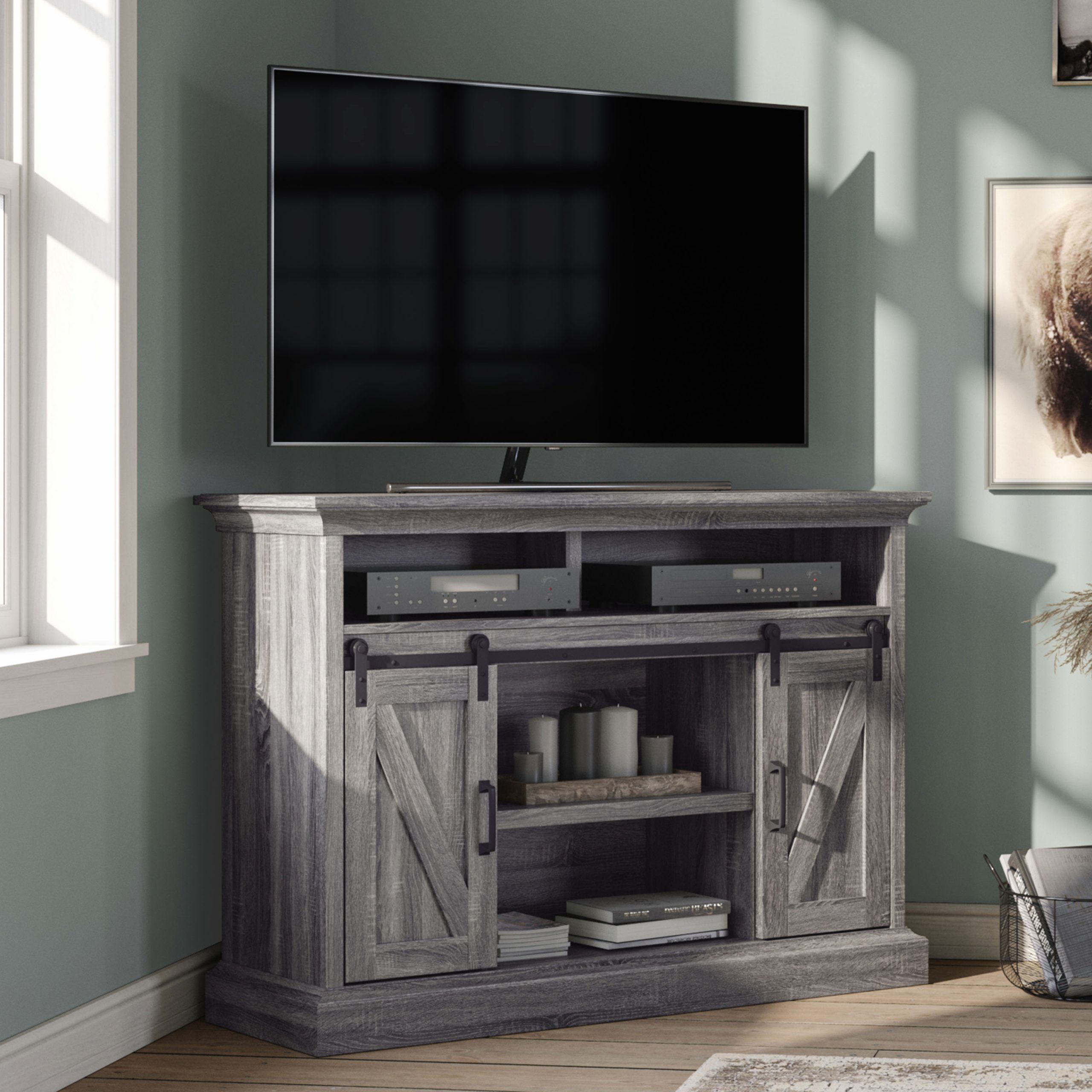 Whalen Allston Barn Door Corner Tv Stand For 55" Tvs, Gray With Twila Tv Stands For Tvs Up To 55&quot; (View 3 of 15)
