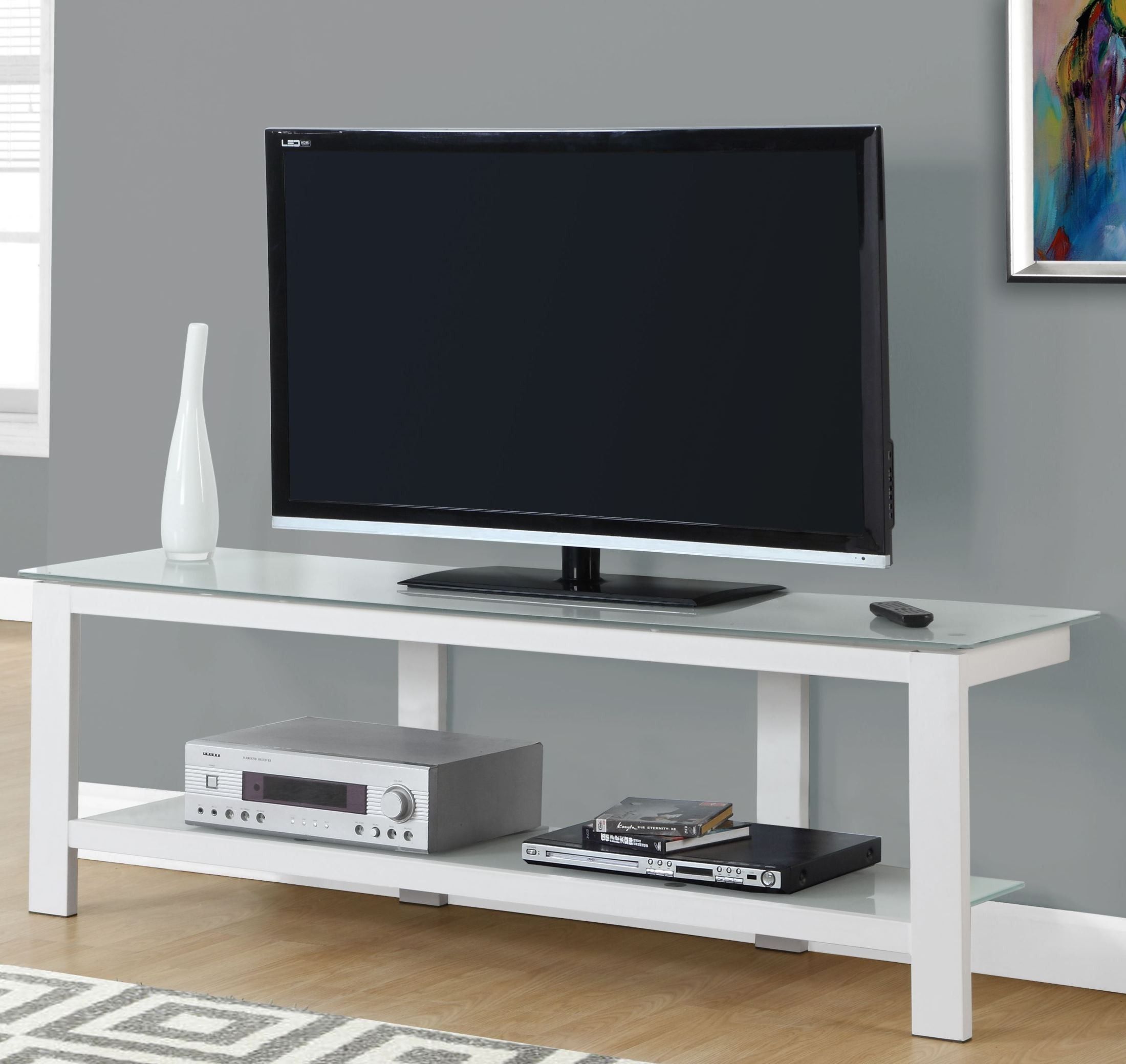 White Frosted Tempered Glass 60" Tv Stand From Monarch With Glass Shelves Tv Stands For Tvs Up To 60&quot; (View 5 of 15)