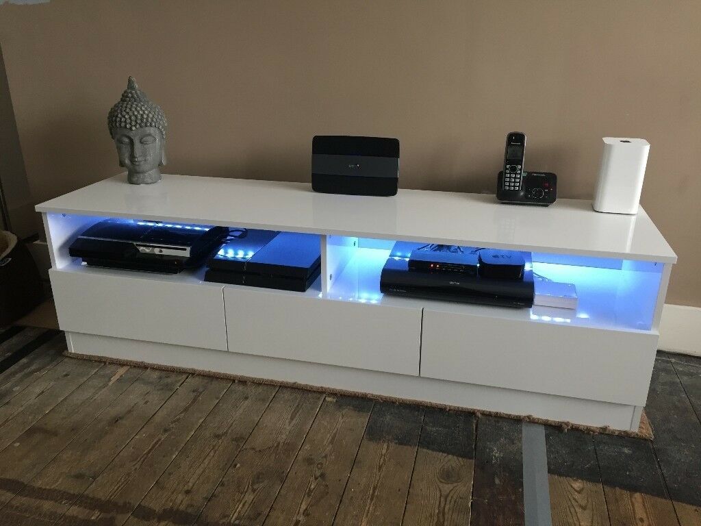 White Gloss Tv Cabinet Unit, 3 Drawers And Led Lights | In Intended For Gloss White Tv Unit With Drawers (Photo 14 of 15)