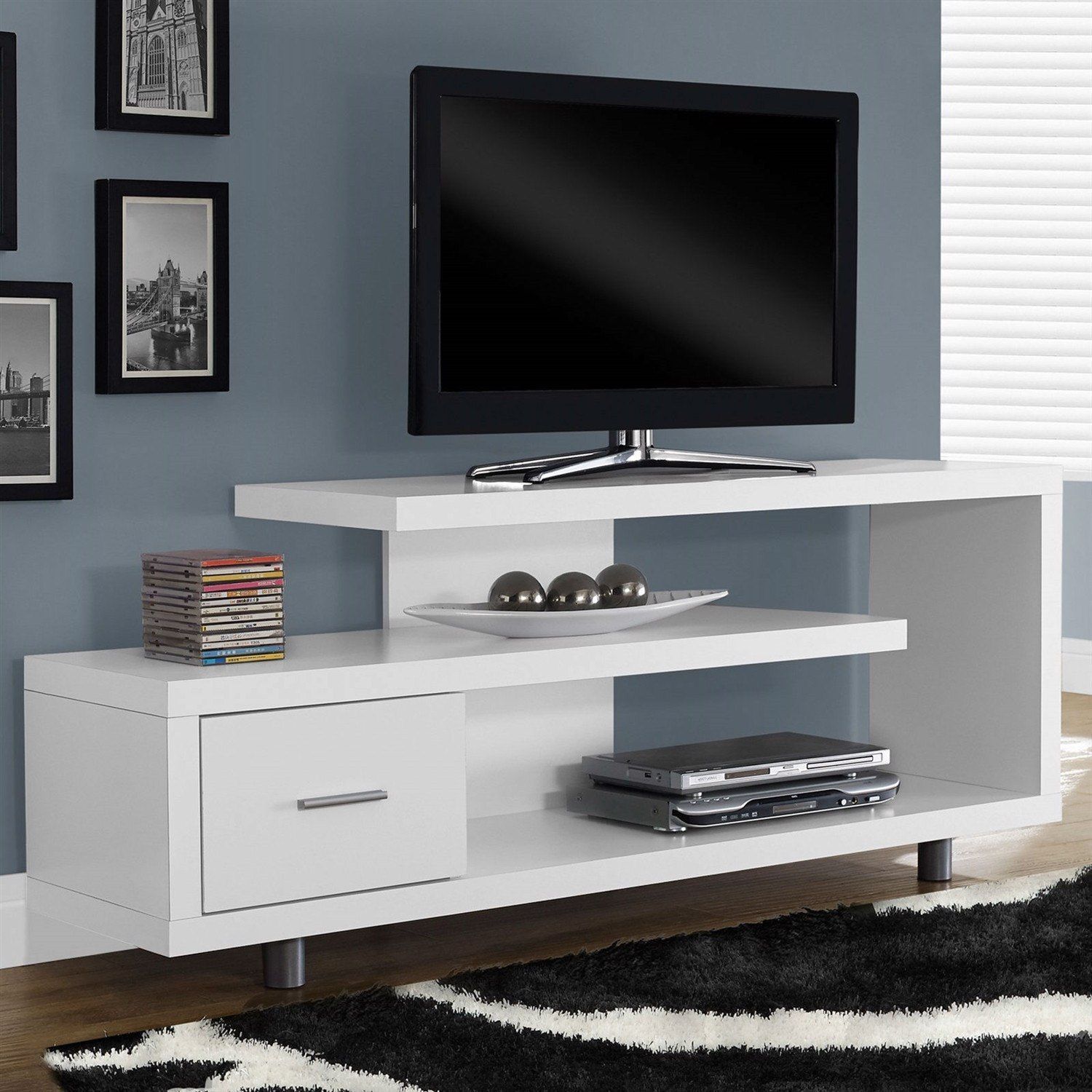 White Modern Tv Stand – Fits Up To 60 Inch Flat Screen Tv Throughout White Tall Tv Stands (Photo 8 of 15)