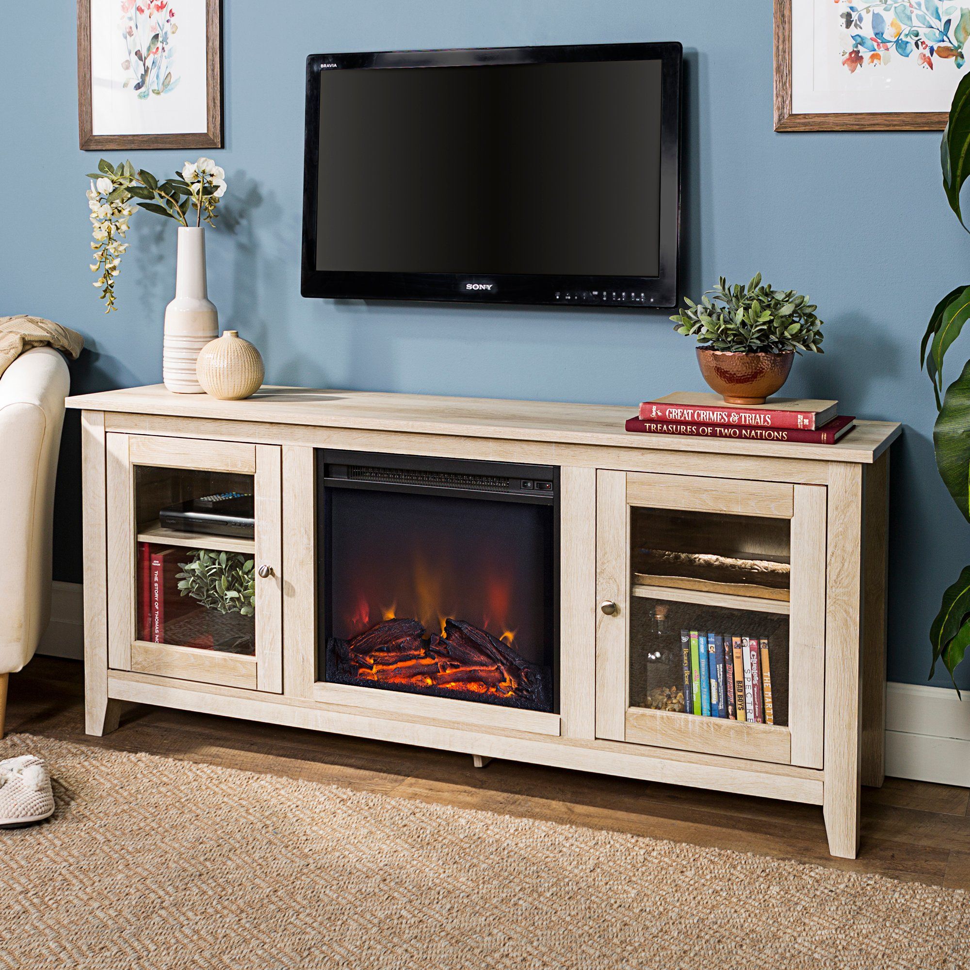 White Oak Traditional 58 Inch Fireplace Tv Stand In 2020 Throughout Oak Tv Stands With Glass Doors (View 12 of 15)
