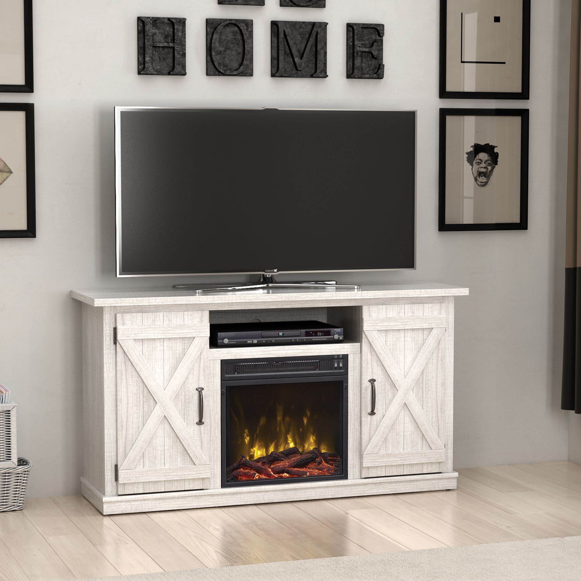 White Tv Stand For Tvs Up To 55" W/ Electric Fireplace In White Tv Stands (View 12 of 15)