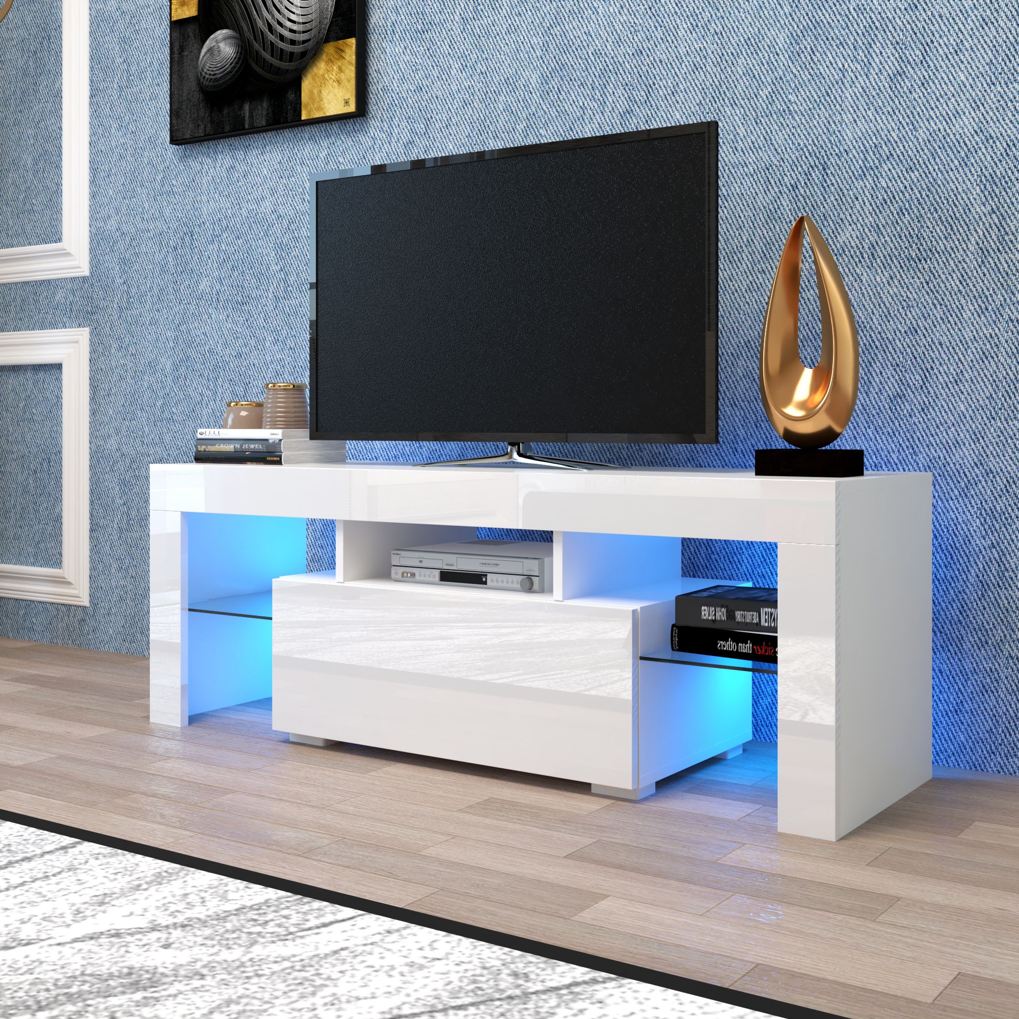 White Tv Stand With Led Lights, Corner Tv Stand With Inside Manhattan 2 Drawer Media Tv Stands (Photo 2 of 15)