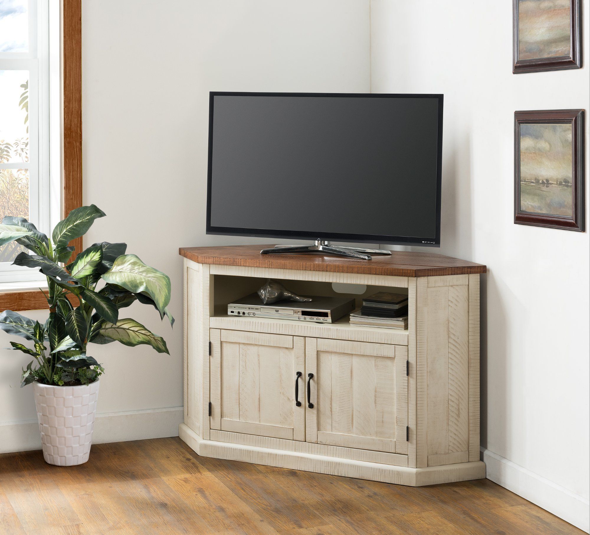 Featured Photo of 15 Ideas of White Wood Corner Tv Stands