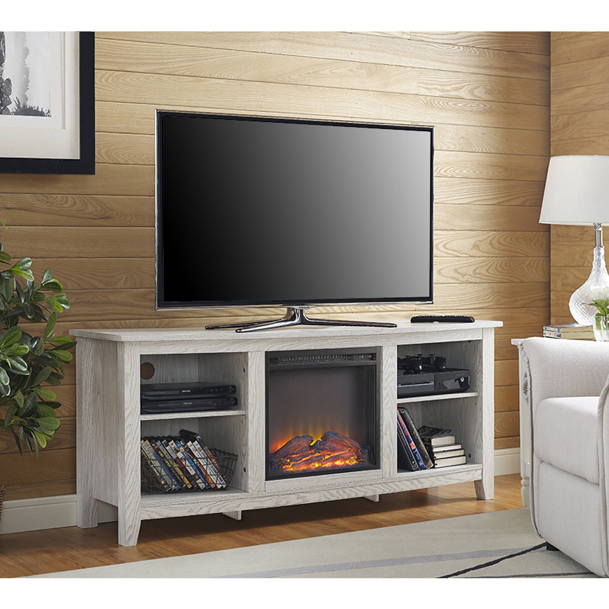 Whitewash Wood Fireplace Tv Stand For Tvs Up To 60" | Ebay In White Wood Corner Tv Stands (View 10 of 15)