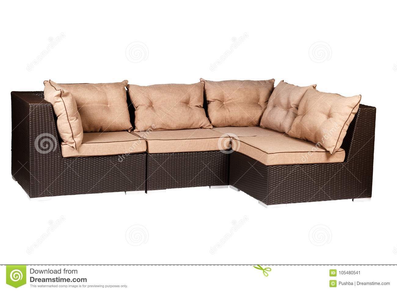 Wicker Sofa With Linen Cushions In Sand Color Stock Image In Setoril Modern Sectional Sofa Swith Chaise Woven Linen (View 10 of 15)