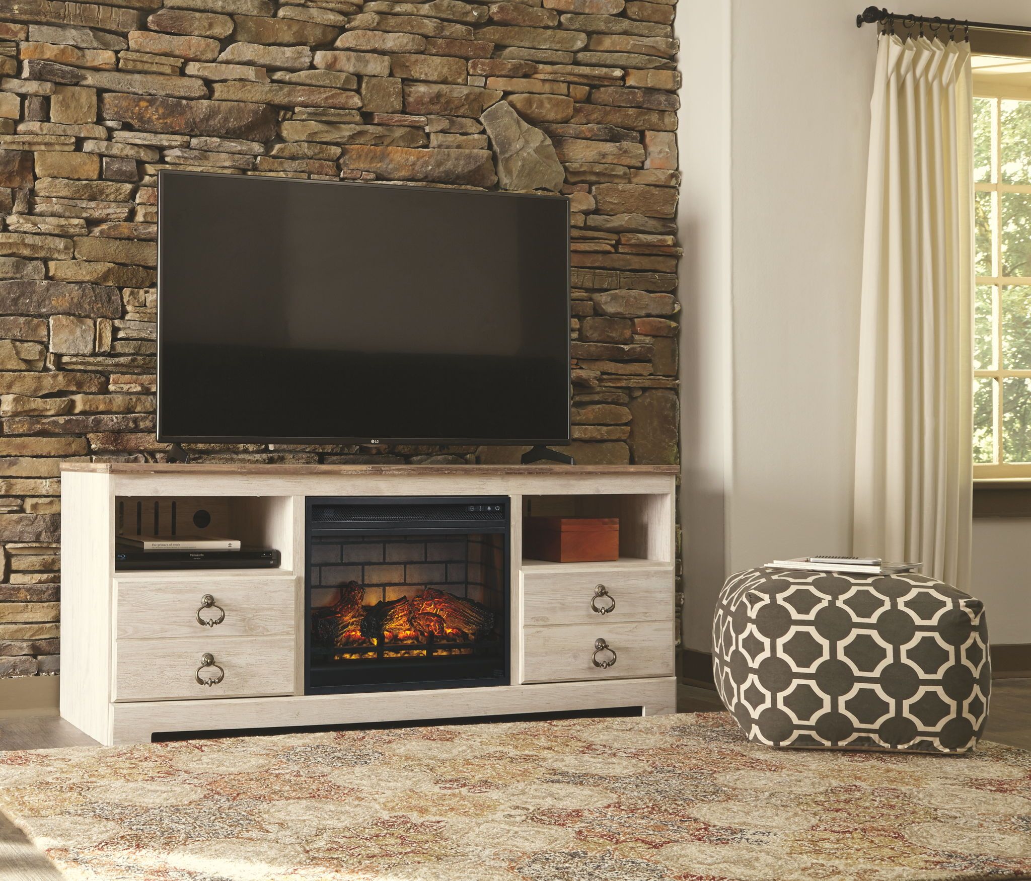 Willowton – Whitewash – Lg Tv Stand With Fireplace Insert For Illuminated Tv Stands (View 2 of 15)