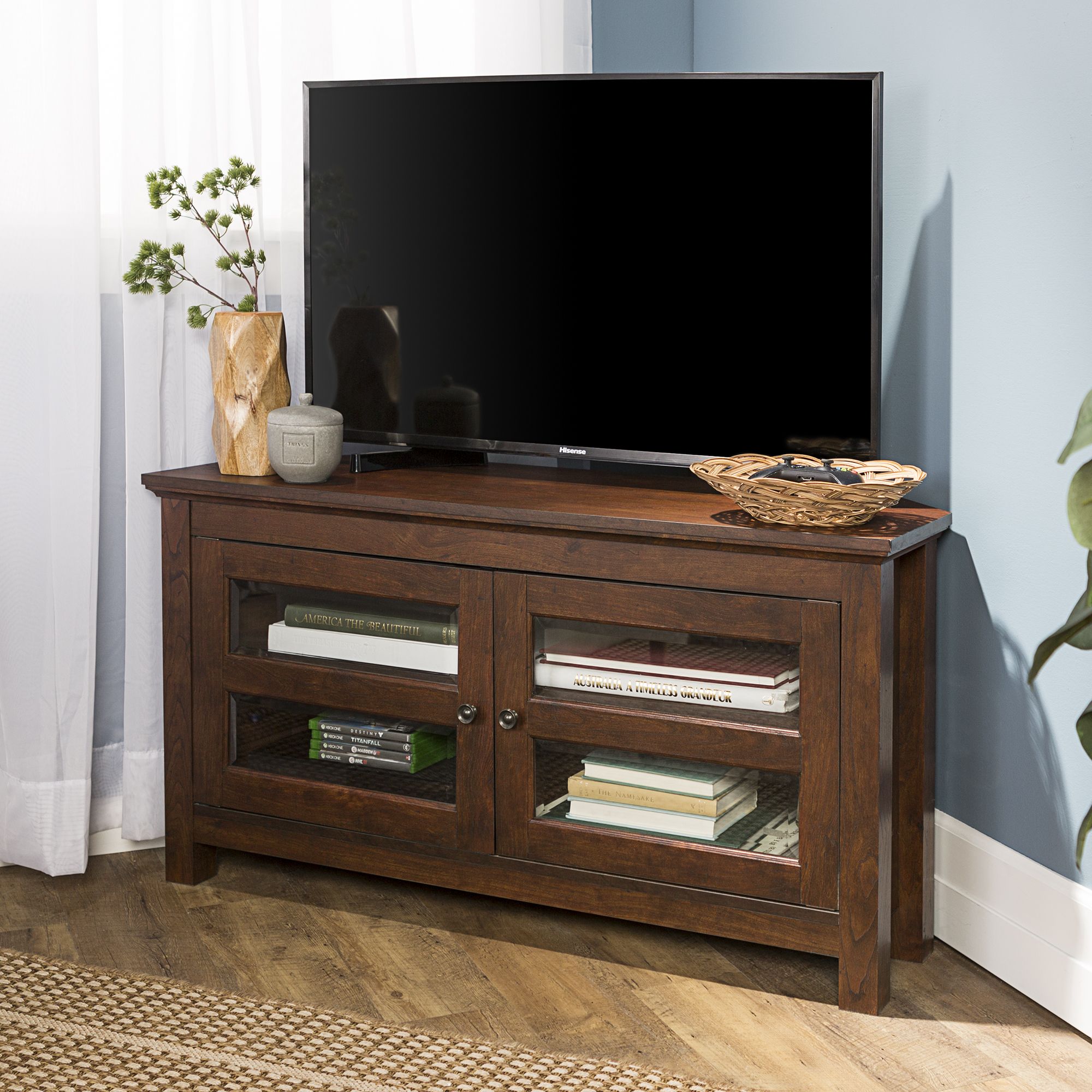 Wood Corner Media Storage Console Tv Stand For Tvs Up To Regarding Tv Stands With Led Lights In Multiple Finishes (Photo 12 of 15)