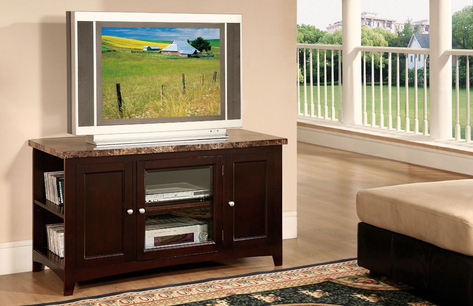 Wooden Tv Stand With Faux Marble Top Espresso Brown Within Wooden Tv Stands (Photo 1 of 15)