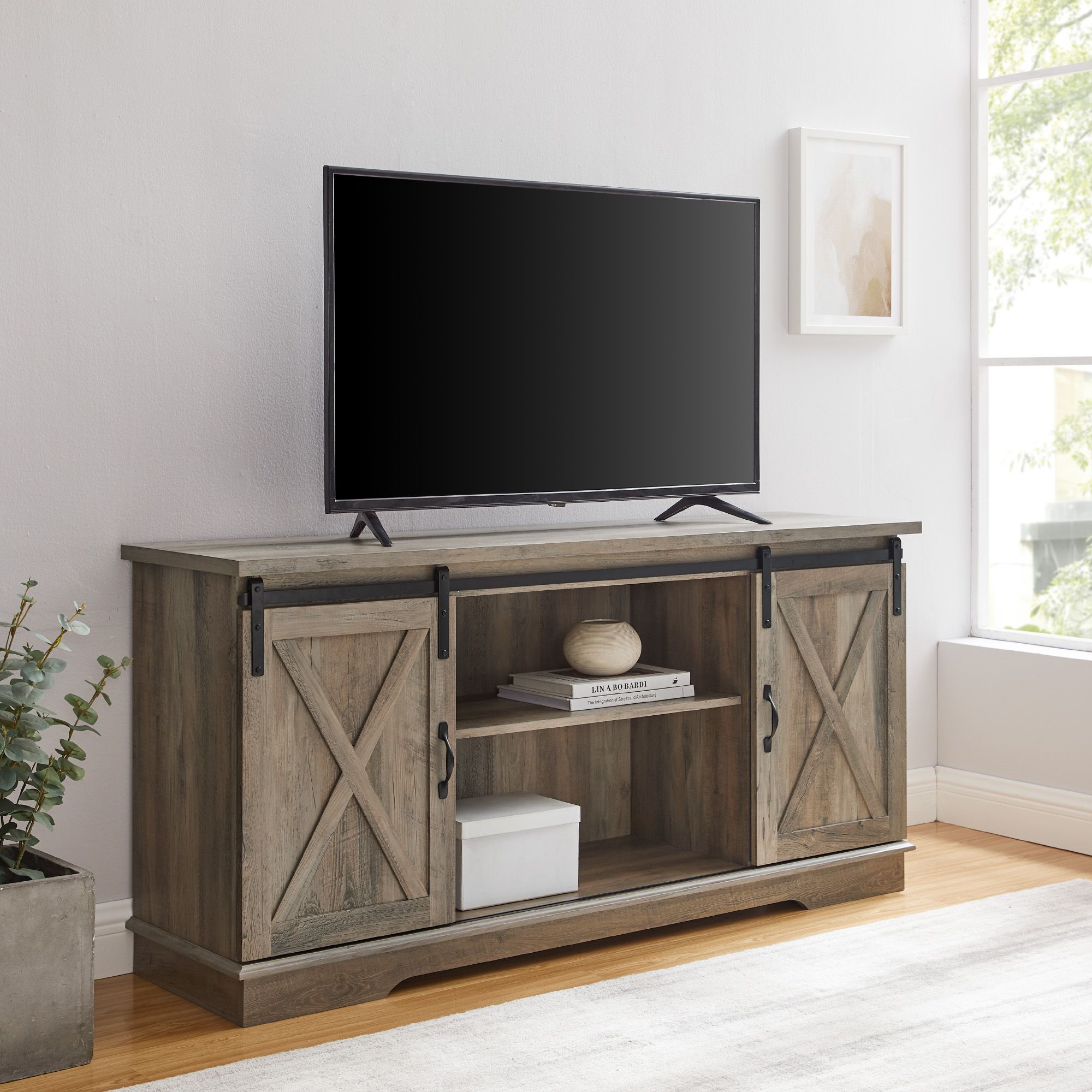 Woven Paths Farmhouse Sliding Barn Door Tv Stand For Tvs Throughout Stamford Tv Stands For Tvs Up To 65&quot; (View 1 of 15)