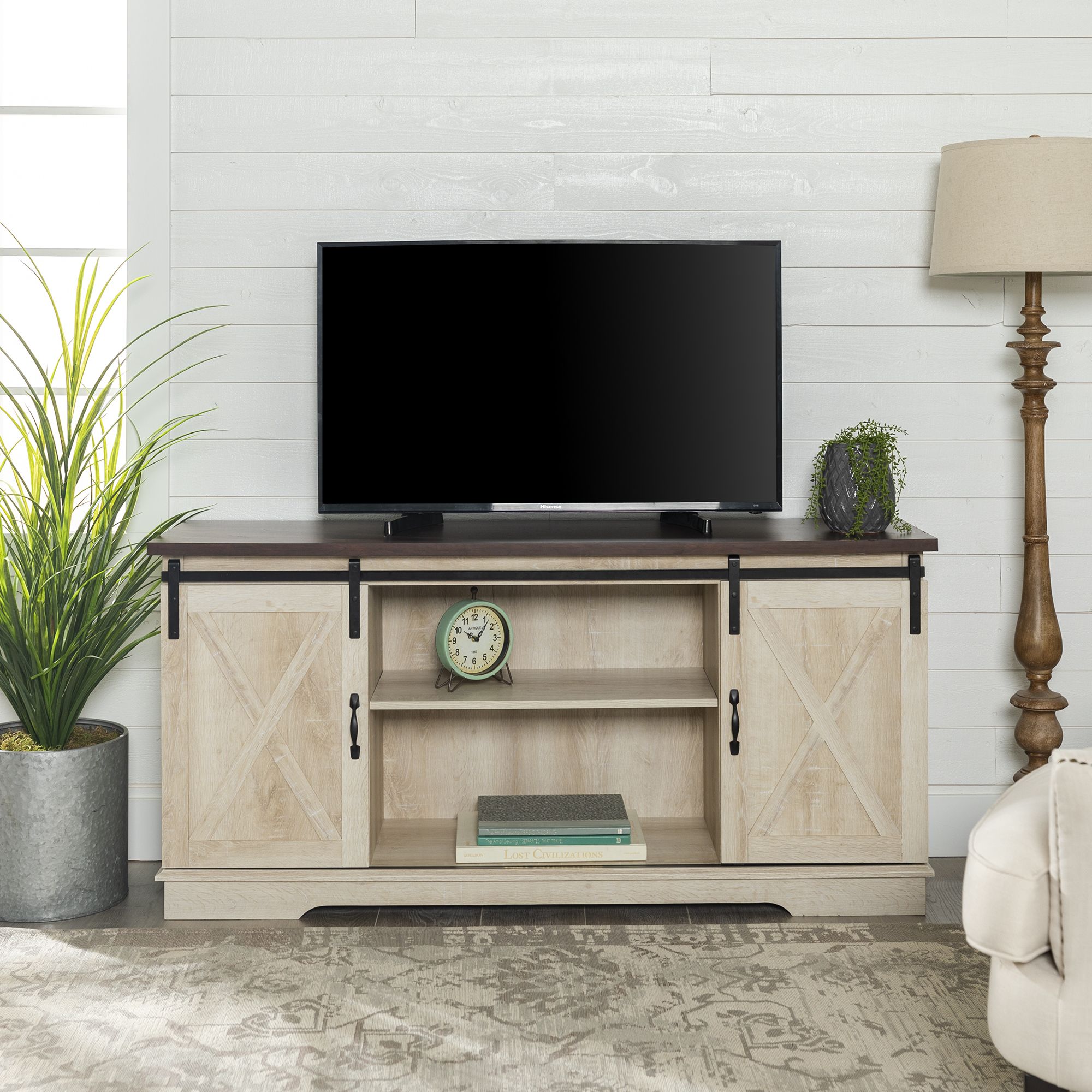 Woven Paths Farmhouse Sliding Barn Door Tv Stand For Tvs Within Woven Paths Franklin Grooved Two Door Tv Stands (Photo 1 of 15)