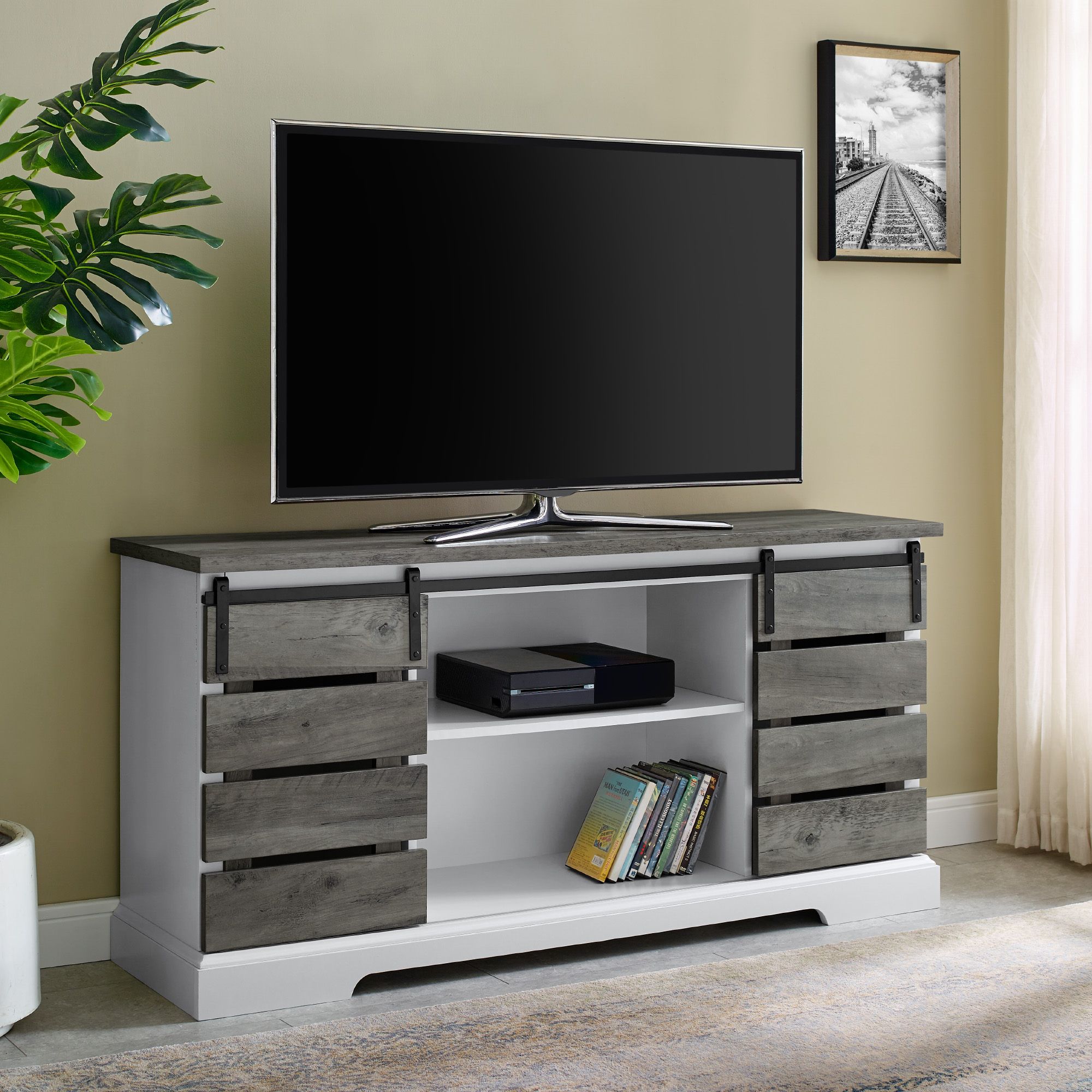 Woven Paths Farmhouse Sliding Slat Door Tv Stand For Tvs Pertaining To Woven Paths Barn Door Tv Stands In Multiple Finishes (View 2 of 15)