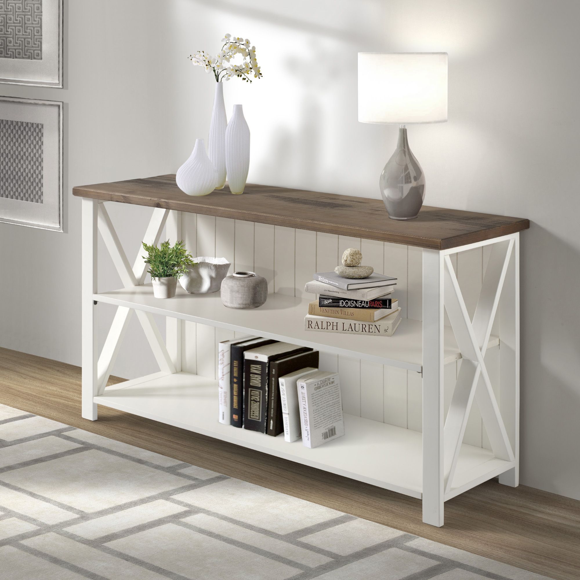 Woven Paths Solid Wood Storage Console Table, White Intended For Woven Paths Farmhouse Sliding Barn Door Tv Stands With Multiple Finishes (View 6 of 14)