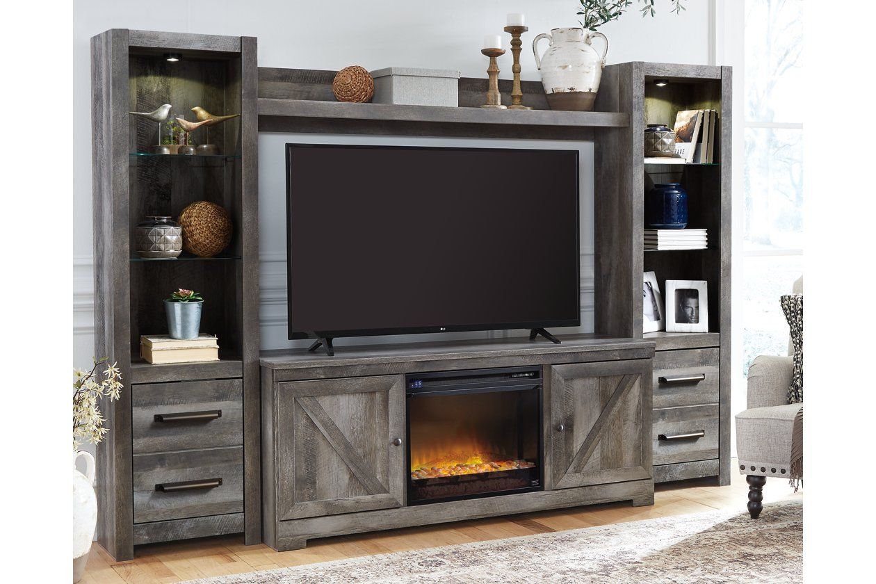 Wynnlow 4 Piece Entertainment Center With Electric Regarding Modern Farmhouse Fireplace Credenza Tv Stands Rustic Gray Finish (View 9 of 15)
