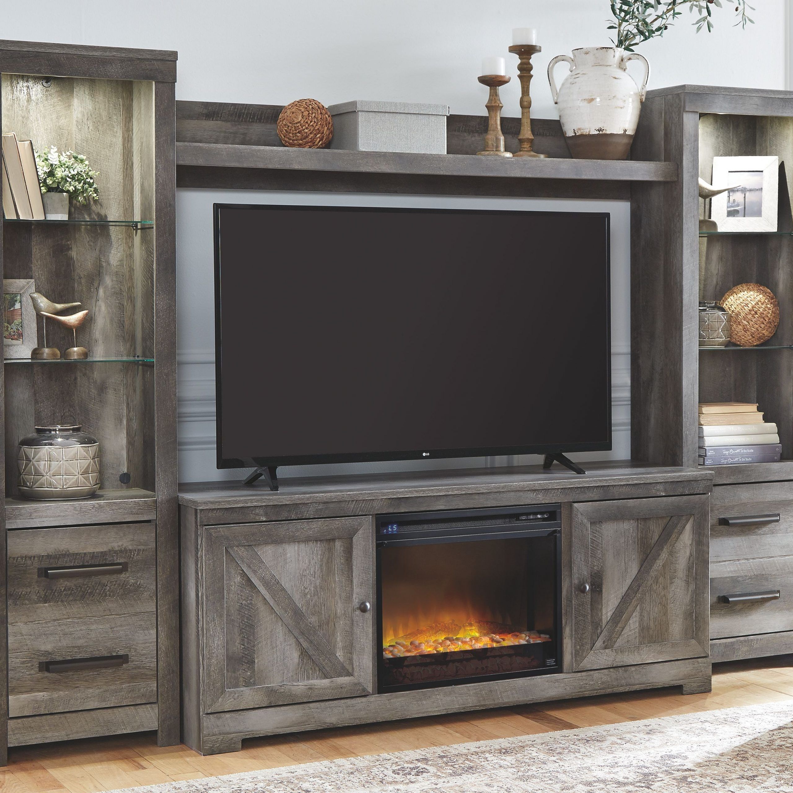 Wynnlow 4 Piece Entertainment Center With Fireplace, Gray Pertaining To Tv Stands In Rustic Gray Wash Entertainment Center For Living Room (View 15 of 15)