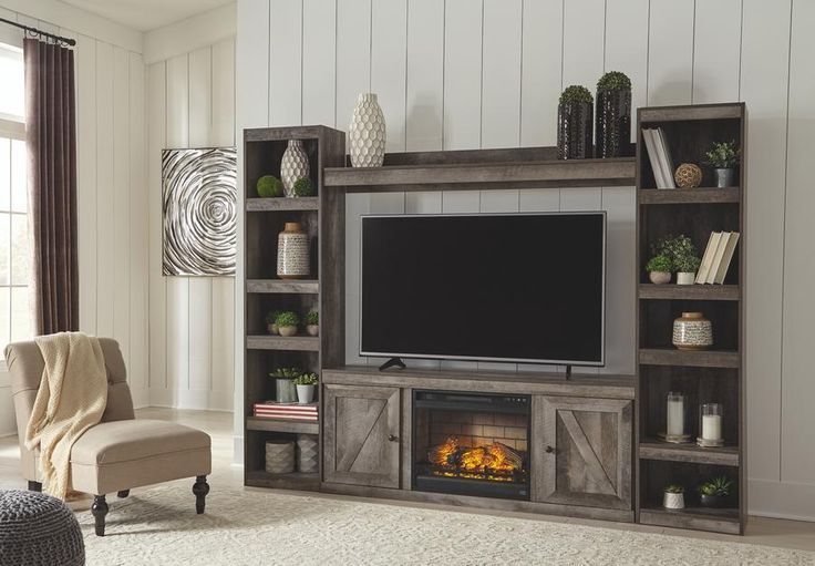 Wynnlow 4piece Entertainment Center With Electric For Modern Farmhouse Fireplace Credenza Tv Stands Rustic Gray Finish (Photo 12 of 15)