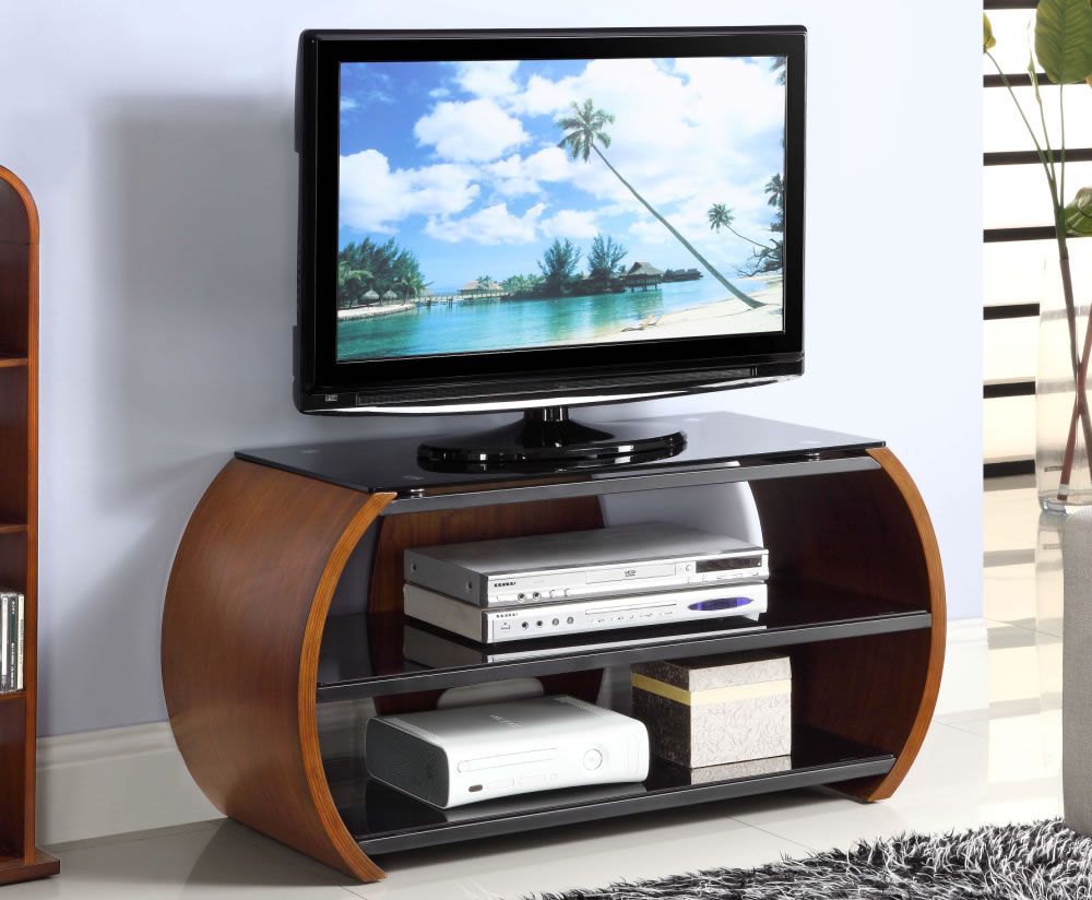 Zennor Curved Walnut And Glass Tv Stand Inside Ovid Tv Stand Black (Photo 12 of 15)