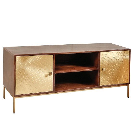 Arielle Tv Stand In Dark Wood With 2 Gold Metal Doors Regarding Gold Tv Stand (View 9 of 23)