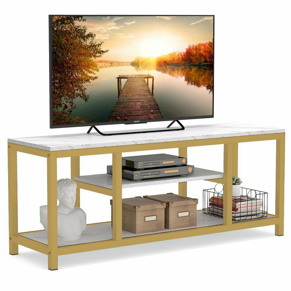 Tv Stand, 59" Gold 3 Tier Tv Console For Tvs Up To 60 Throughout Claudia Gold Effect Wide Tv Stands (View 17 of 23)
