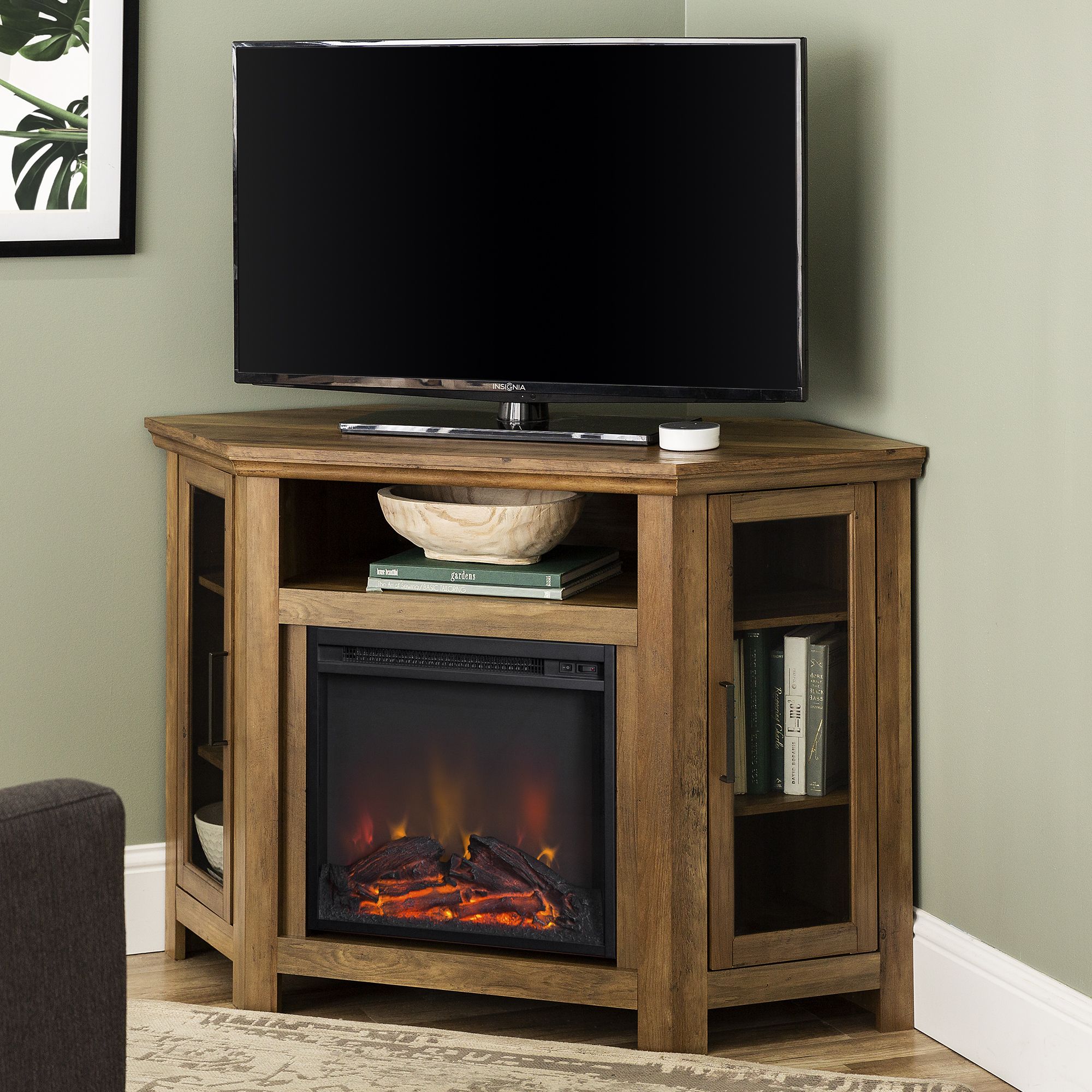 Walker Edison Reclaimed Barnwood Corner Fireplace Tv Stand With Regard To Oak Corner Tv Stands (Photo 8 of 28)