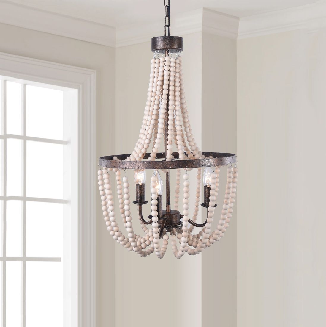 3 Light Wood Bead Empire Chandelier In Antique Bronze With Regard To Antique Gold Three Light Chandeliers (View 7 of 15)