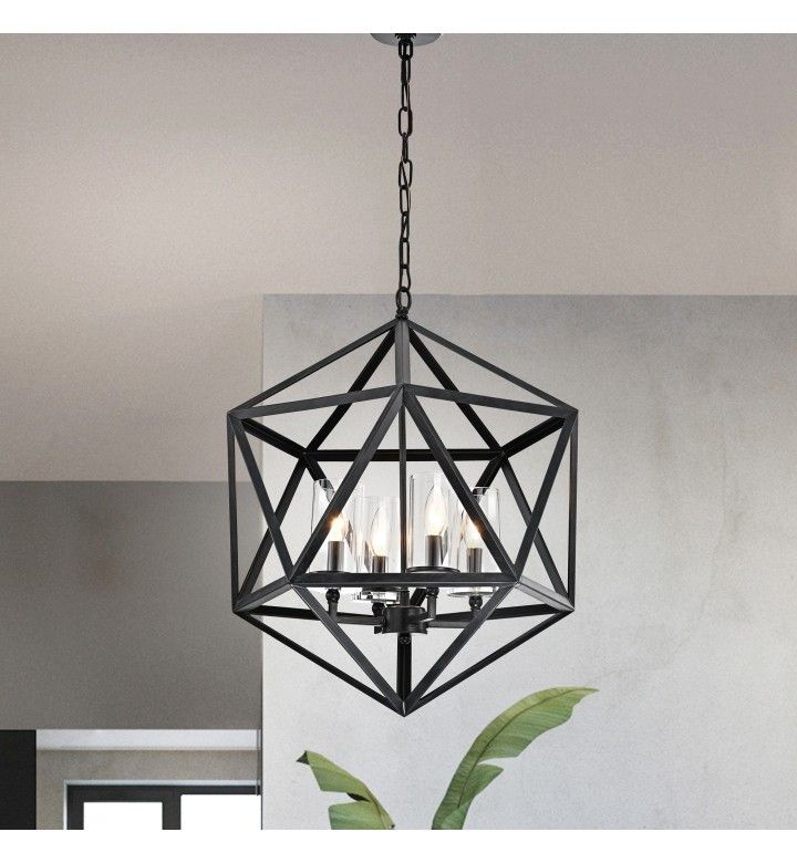 4 Light Geometric Iron Antique Black Glass Shade Cage Intended For Black Iron Eight Light Minimalist Chandeliers (View 14 of 15)