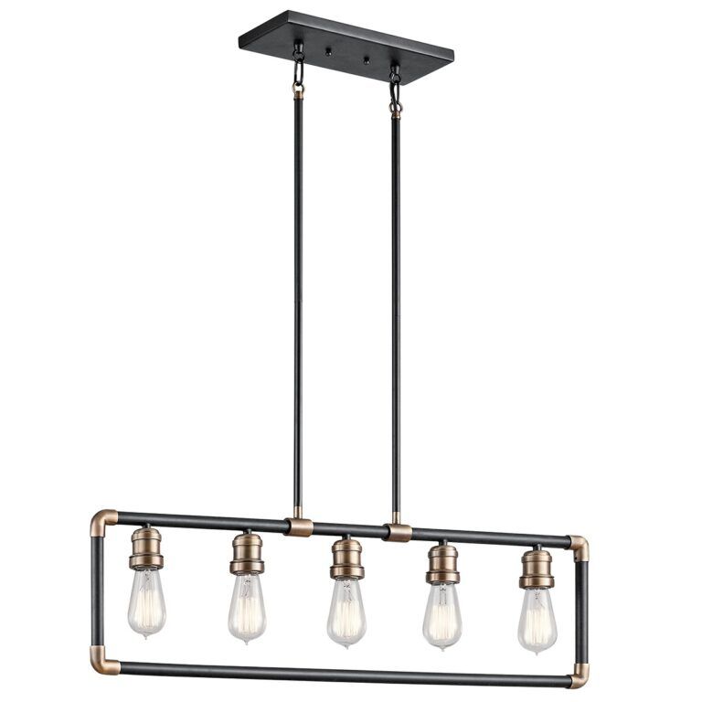 5 Light Linear Chandelier In Black And Natural Brass Within Natural Brass 19 Inch Eight Light Chandeliers (Photo 1 of 15)