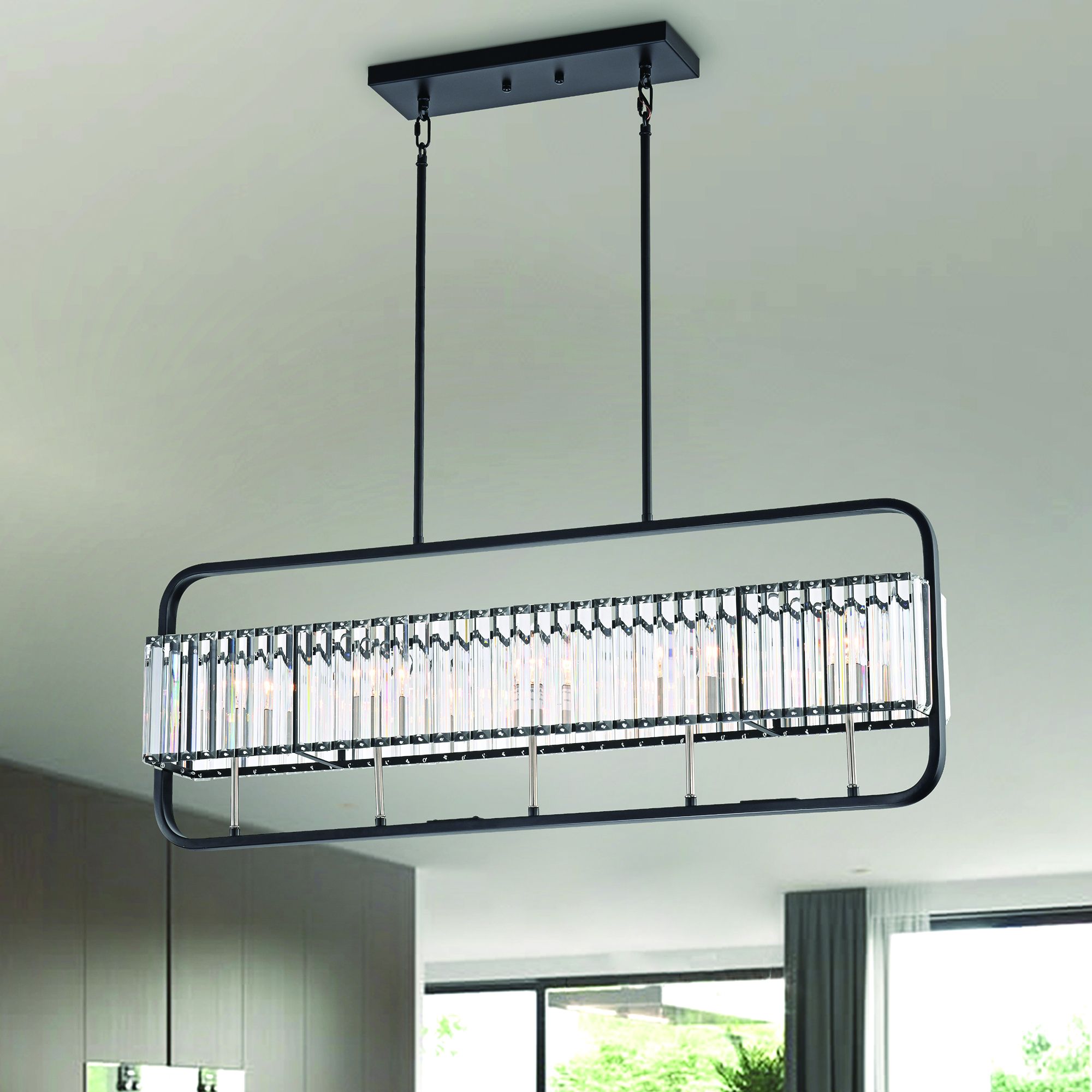 5 Light Matte Black And Brushed Nickel Frame Linear Throughout Matte Black Four Light Chandeliers (View 3 of 15)