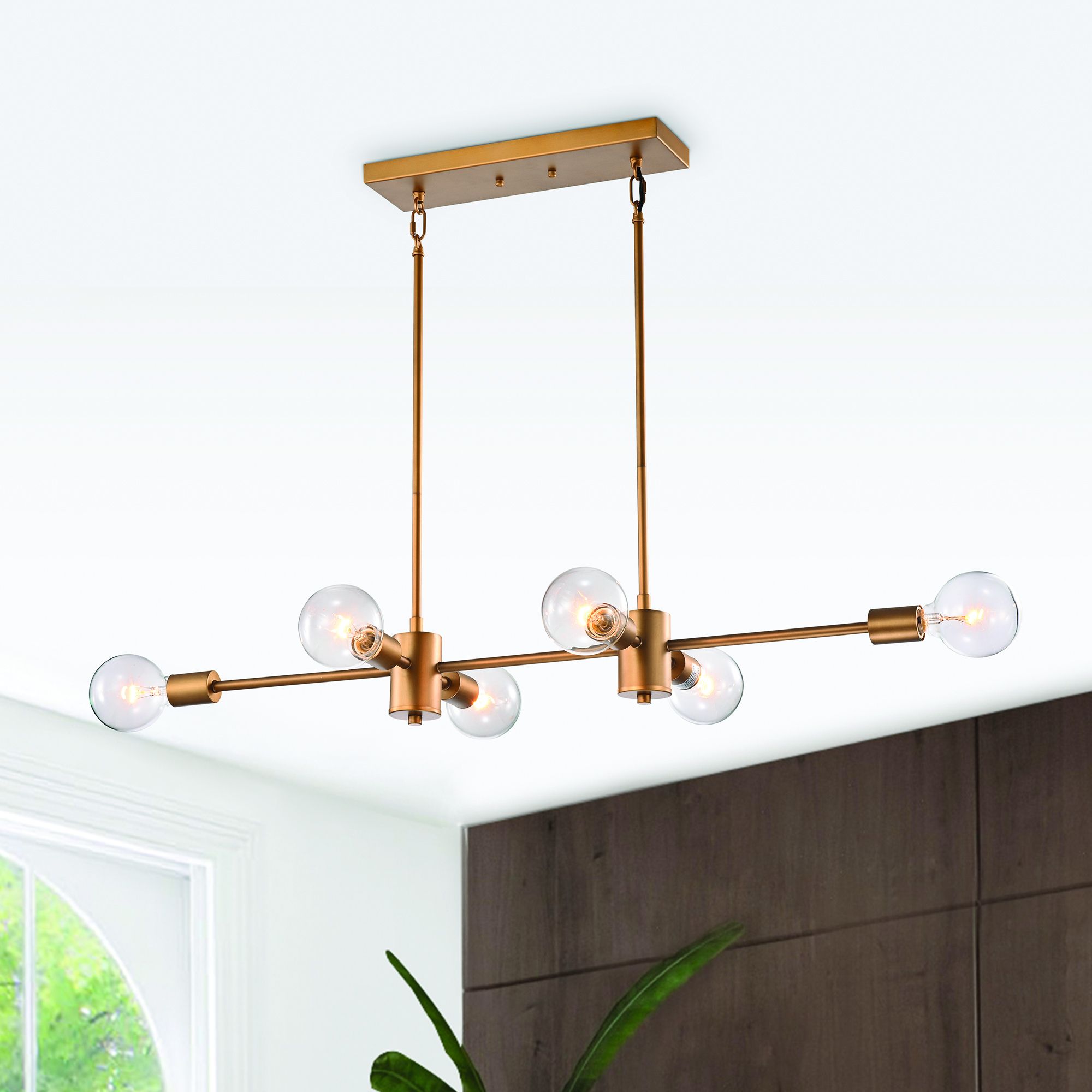 6 Light Natural Brass Exposed Bulb Linear Mid Century For Natural Brass 19 Inch Eight Light Chandeliers (Photo 4 of 15)